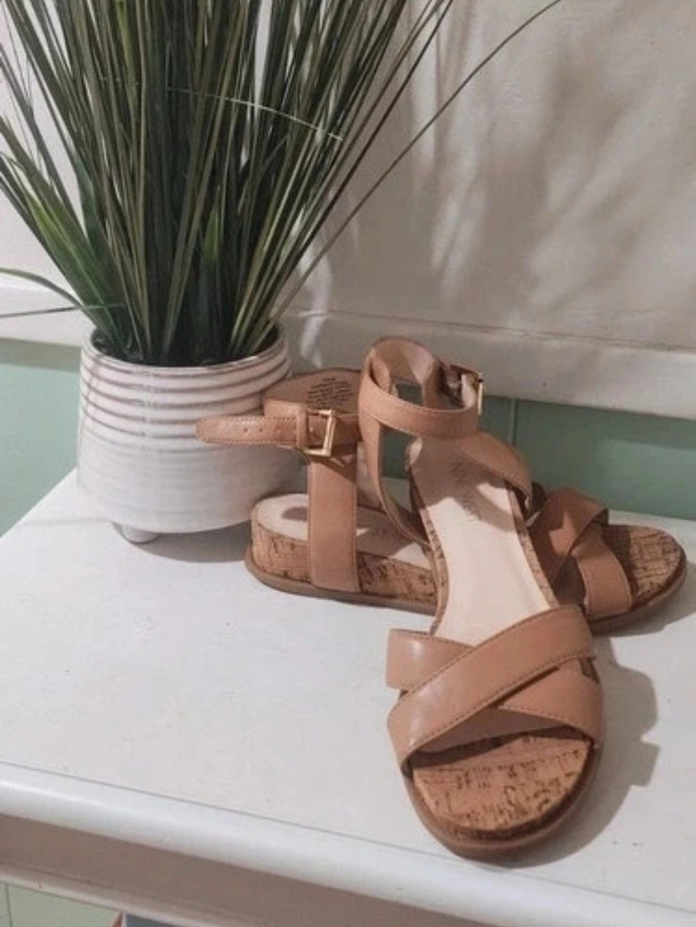 Nine West Tan Strappy Cork-Trim Sandals